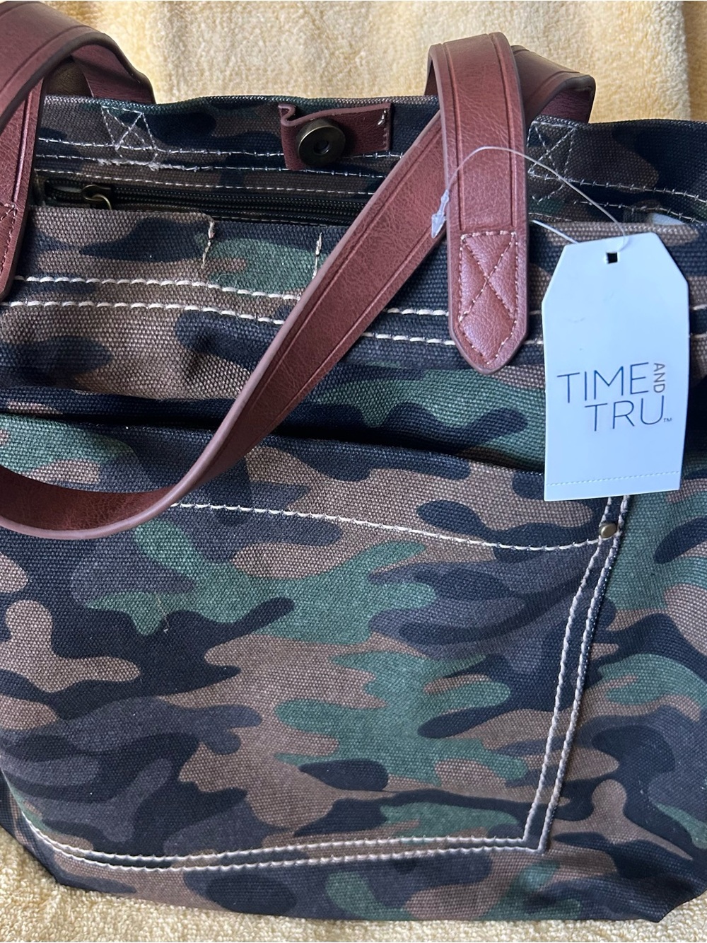 Time and Tru Canvas Camouflage Tote with Brown Handles